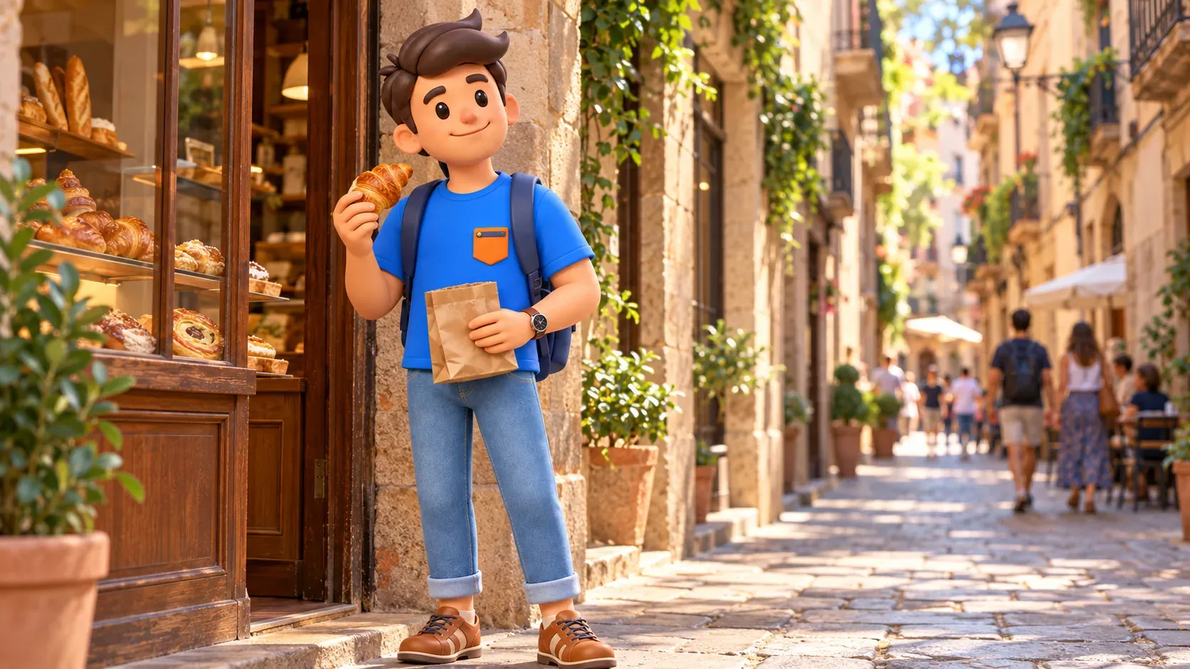 Illustration eines Reisenden mit Gebäck vor einer Bäckerei in Barcelonas Altstadt.