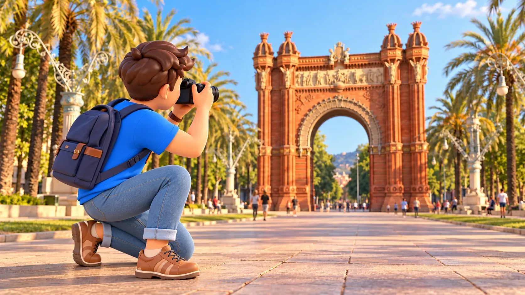Illustration eines Reisenden mit Kamera nahe Barcelonas Arc de Triomf.