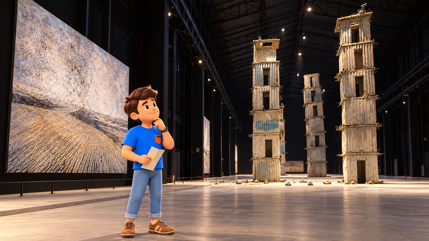 Illustration d’un voyageur dans l’espace de visite de HangarBicocca devant les tours en béton de Kiefer et un grand tableau.