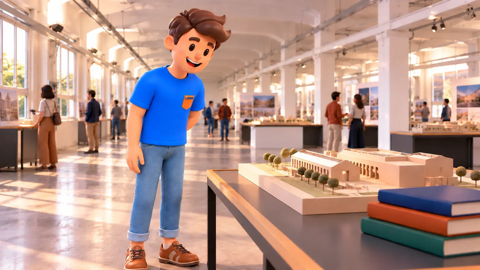 Illustration conceptuelle d’une scène culturelle publique dans une salle de BASE : un voyageur observe une maquette sans la toucher.