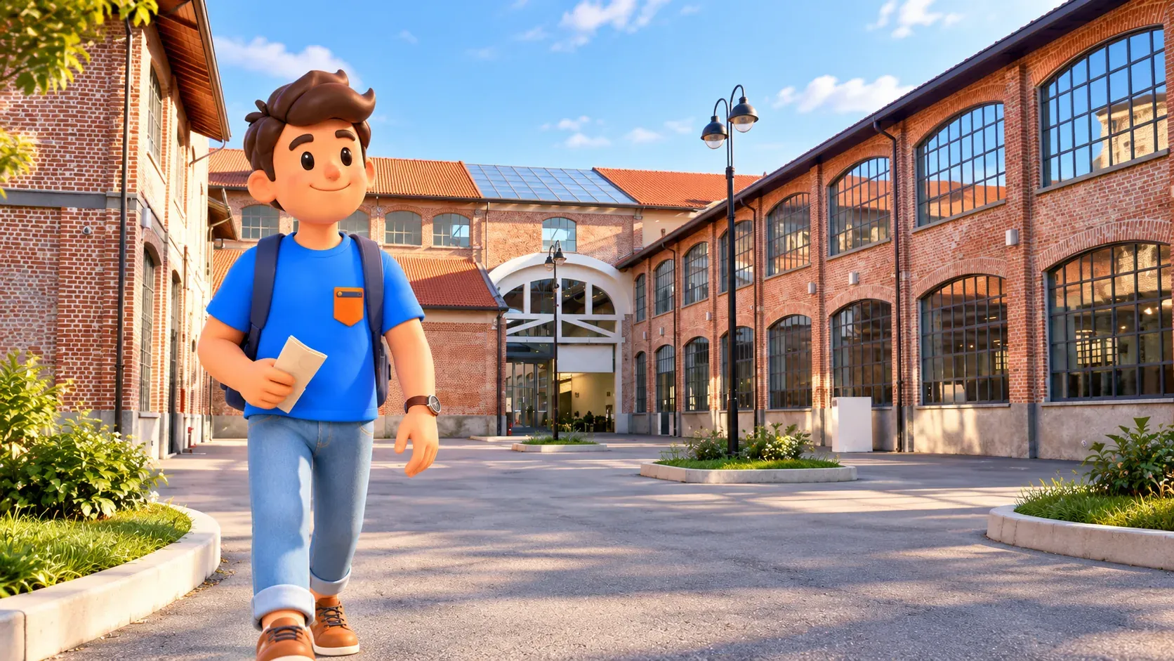 Illustration d’un voyageur avec un programme dans la cour de la Fabbrica del Vapore, entre anciens bâtiments industriels en briques.