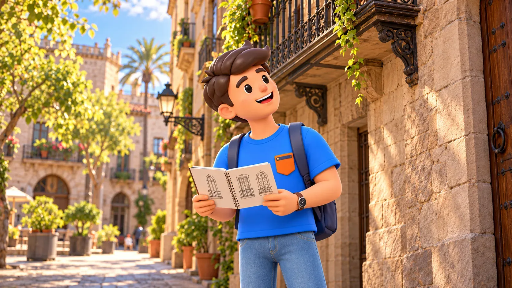 Ilustración de un viajero que observa balcones del casco antiguo con un cuaderno de dibujos.