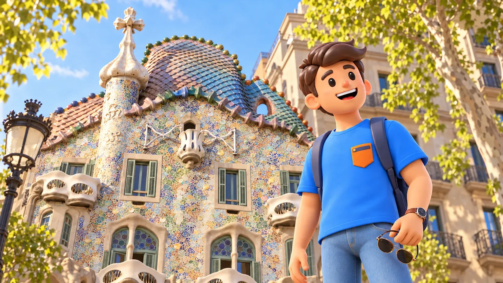 Escena ilustrada de un viajero con gafas de sol ante la fachada de mosaico de la Casa Batlló.