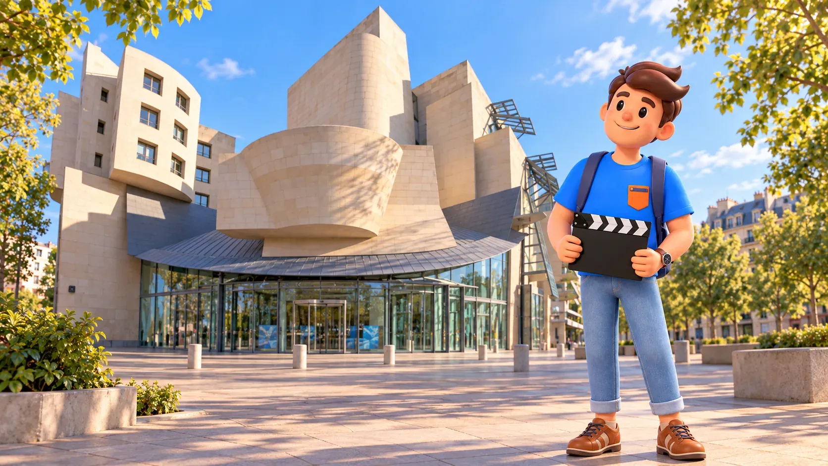 A traveler holds a clapperboard outside the Cinémathèque française in Bercy