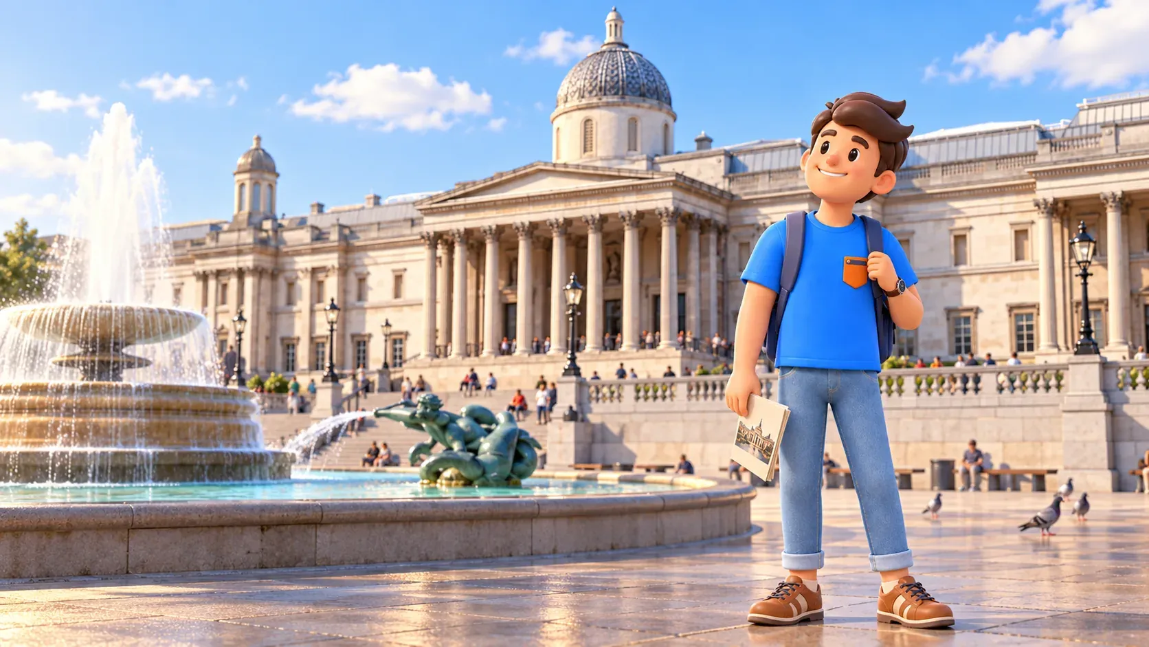 Illustration eines Reisenden vor der National Gallery an einem Brunnen auf Trafalgar Square