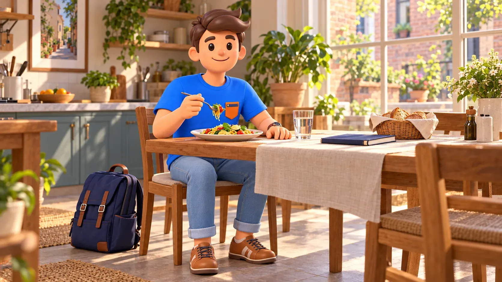 Illustration einer entspannten Mittagspause in einer privaten Küche zwischen Ausflügen
