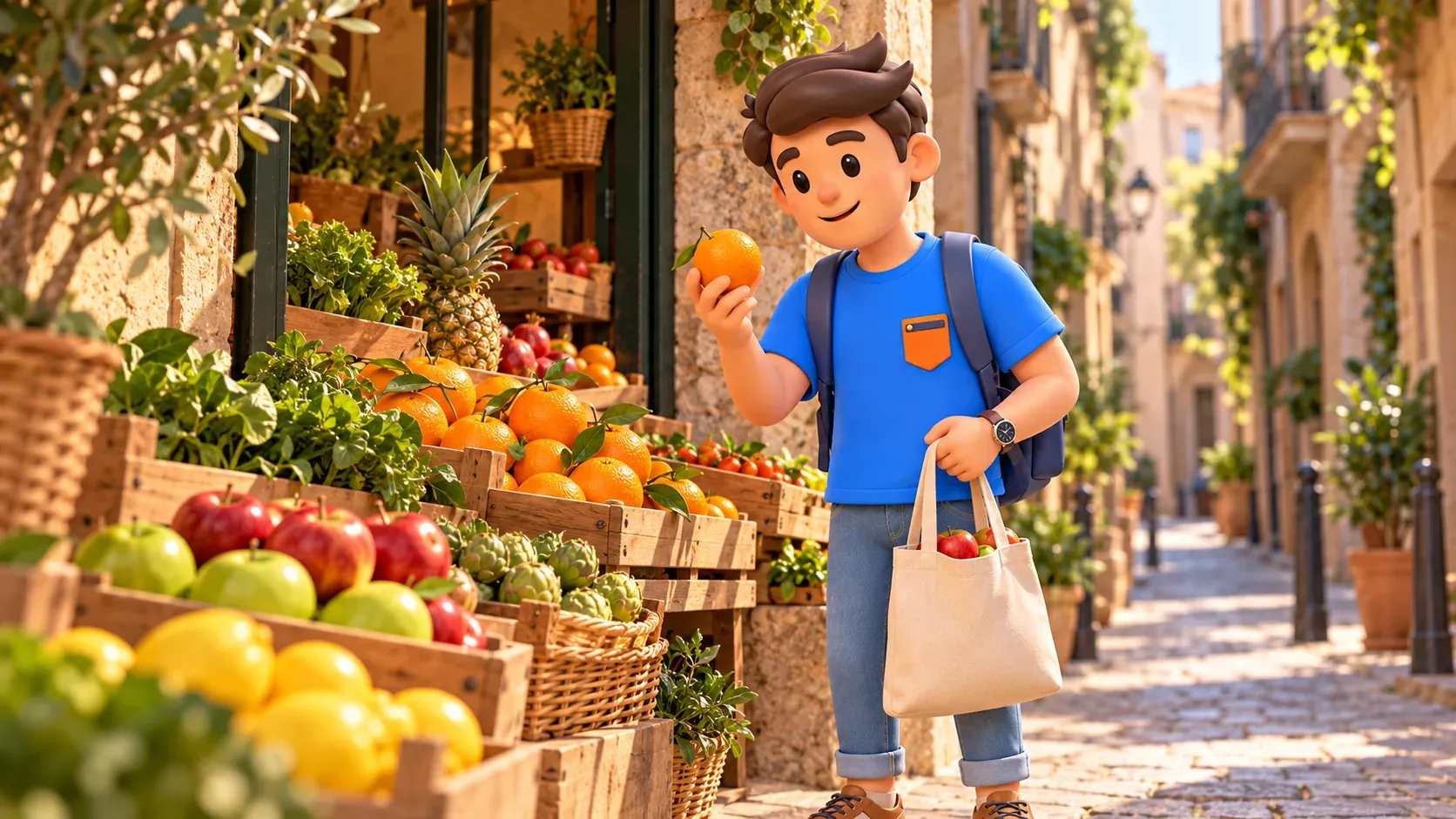 Illustration eines Reisenden mit Orange und Obsttasche vor einem Altstadtladen.