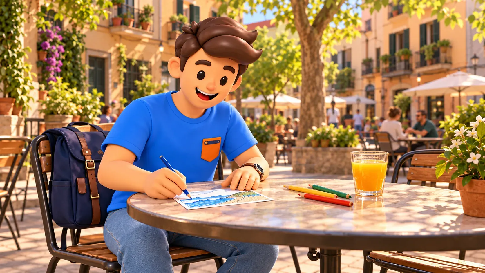Illustration eines Reisenden beim Zeichnen einer Postkarte an einem Cafétisch in einer Gràcia-Szene.