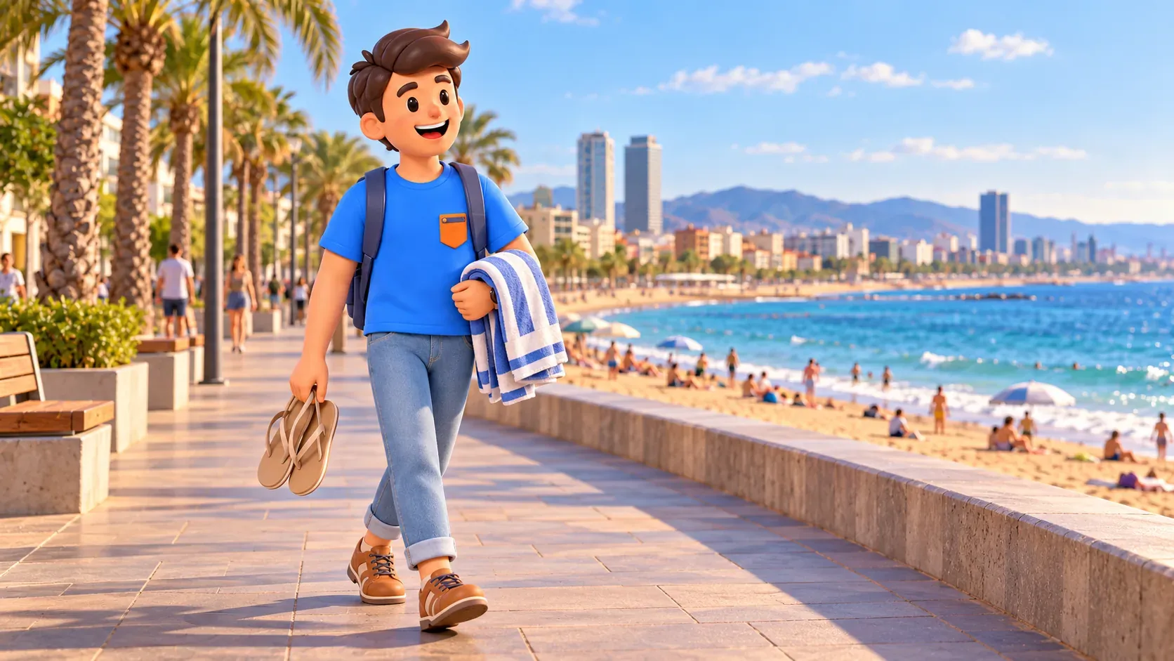 Illustrative Szene eines Reisenden mit Handtuch und Sandalen an einer städtischen Strandpromenade.