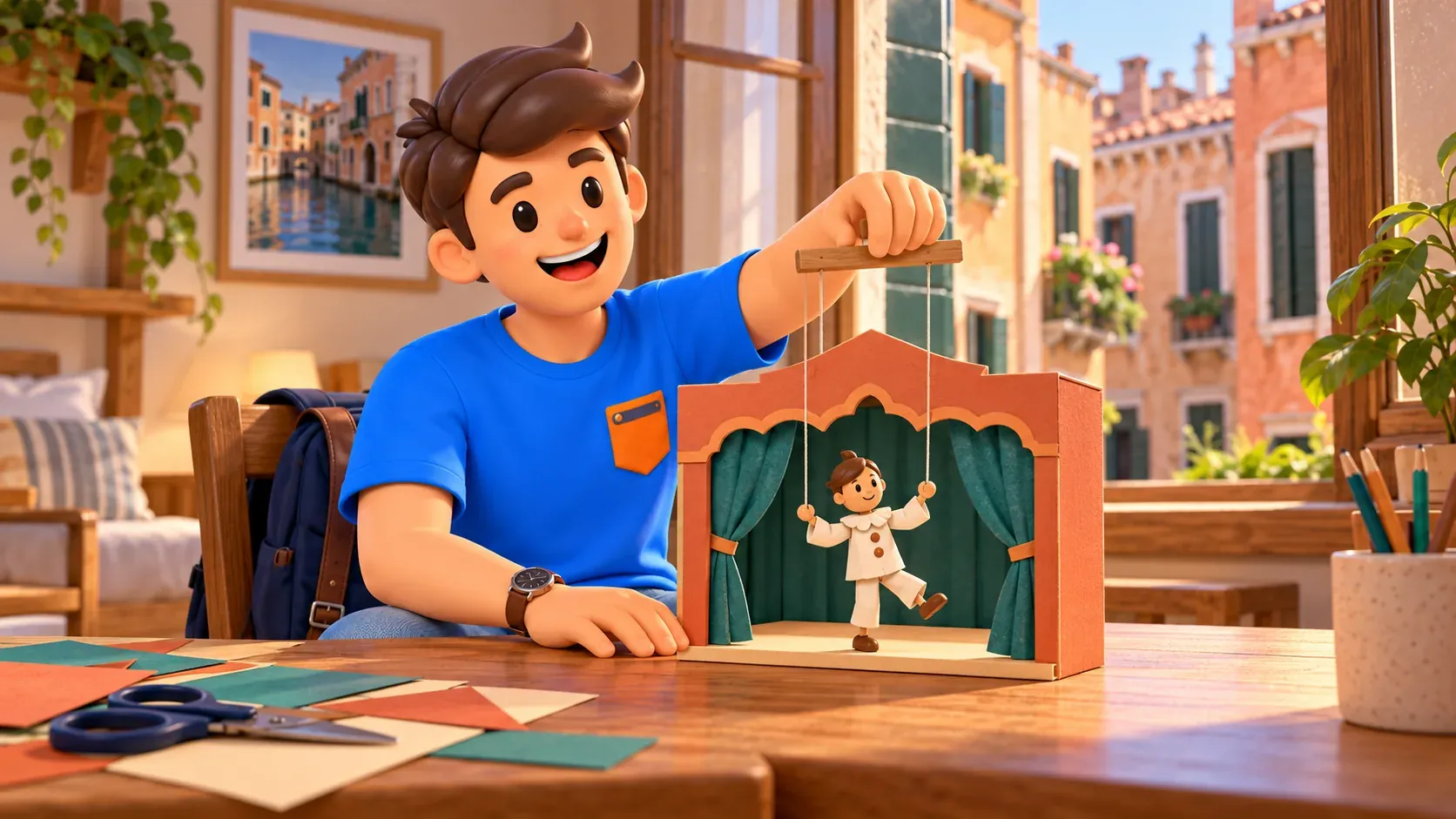 Conceptual illustration of personal play with a modern paper puppet theatre at the accommodation