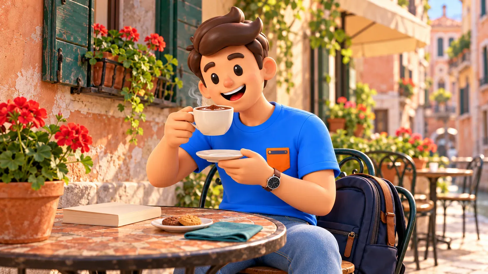 Conceptual illustration of a traveler enjoying hot chocolate at a modern café
