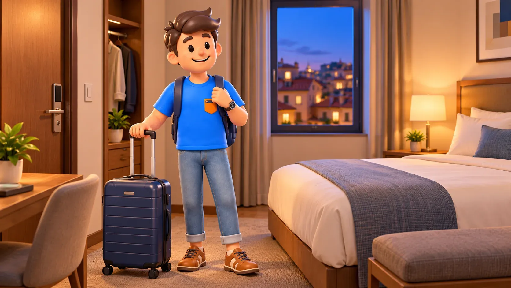 Illustration of a traveller with a suitcase in a hotel room after check-in.