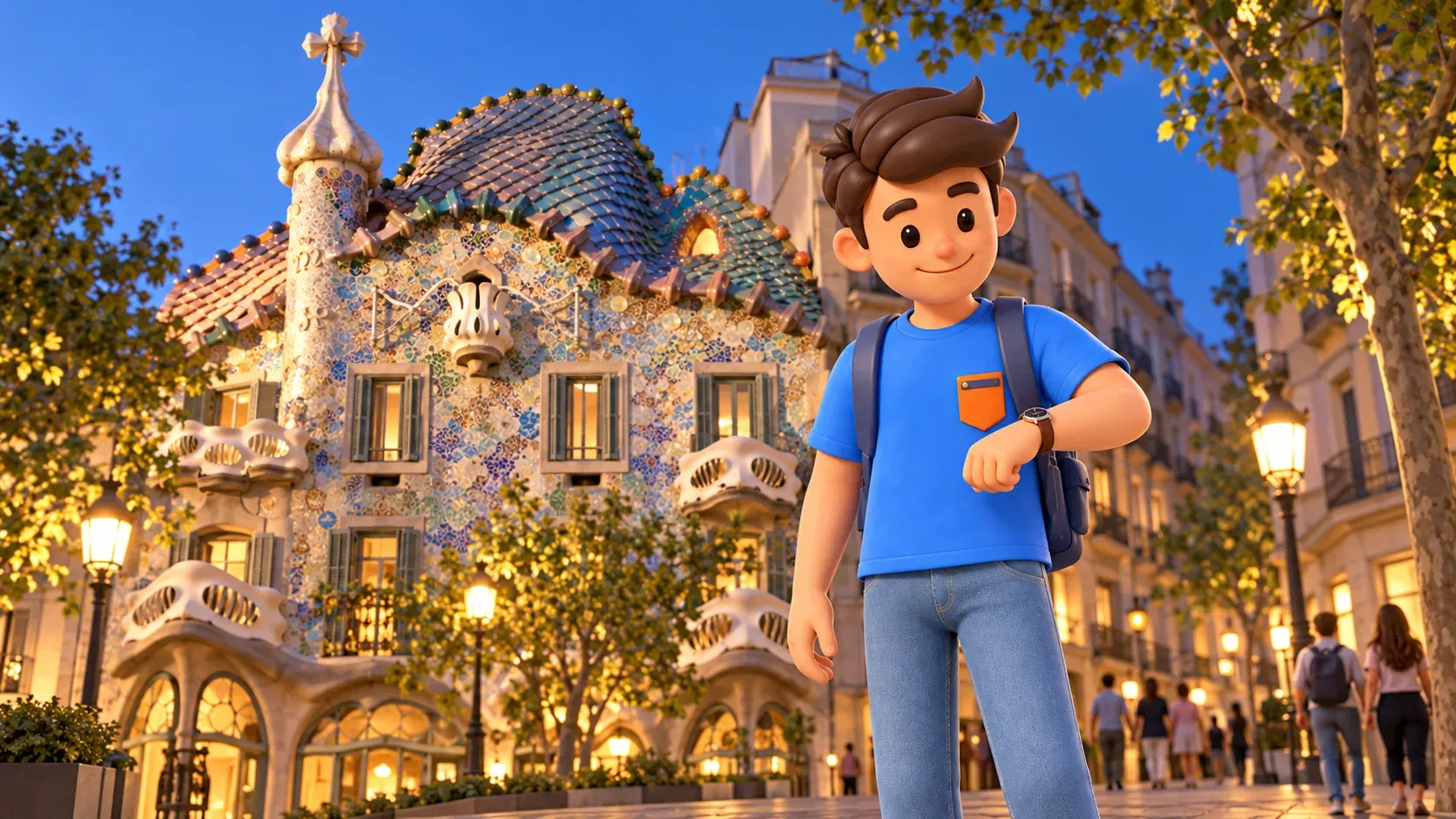 Illustrative scene of a traveller raising his watch wrist near Casa Batlló in the evening.