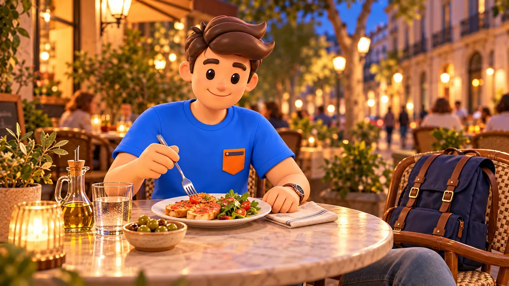 Illustration of a traveller having tomato bread and salad on a restaurant terrace.