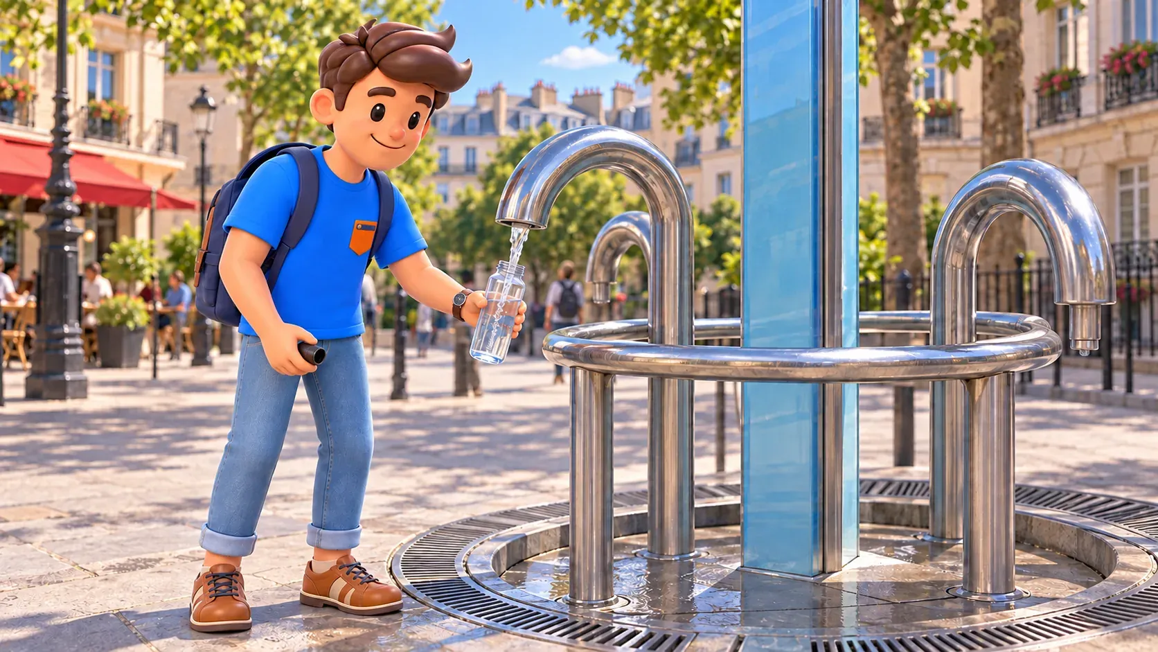 A traveler refills a bottle at the artesian fountain on Place Paul-Verlaine