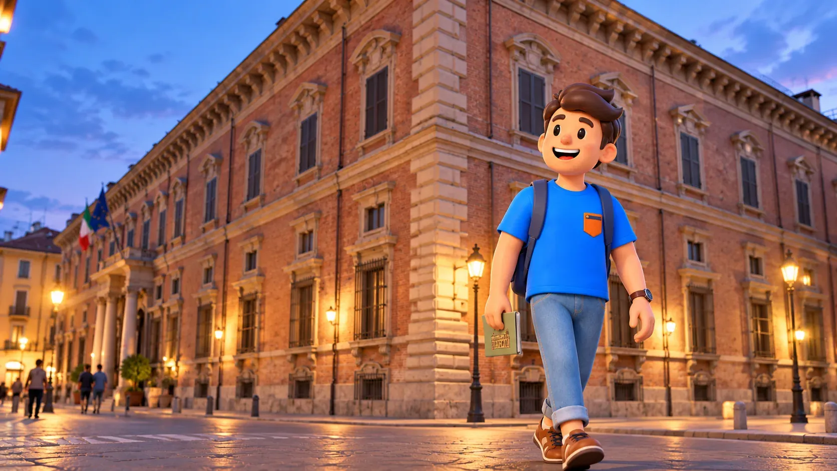 Ilustración de un viajero al anochecer en la calle pública junto a la fachada de ladrillo del Palazzo di Brera.