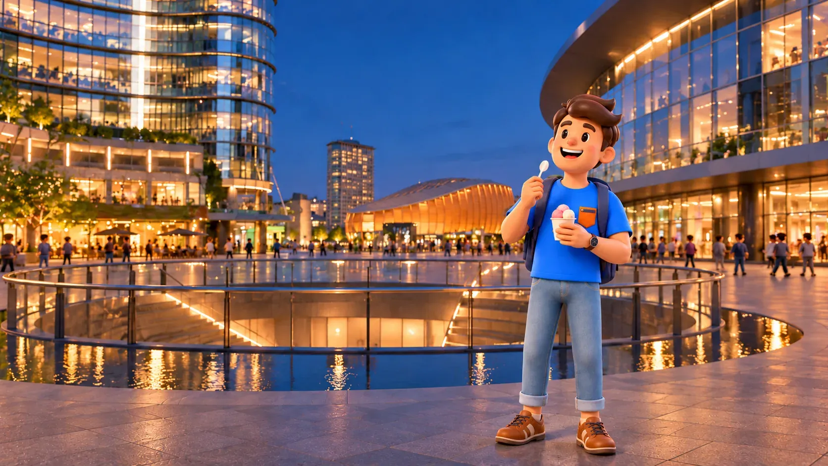 Ilustración de un viajero con helado al anochecer en el pavimento seco de Piazza Gae Aulenti, ante fachadas de vidrio y una escalera protegida.