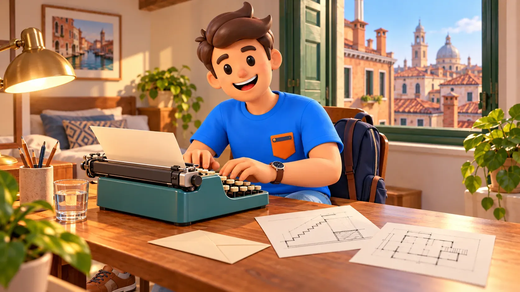 Conceptual illustration of personal use of a modern replica typewriter at the accommodation