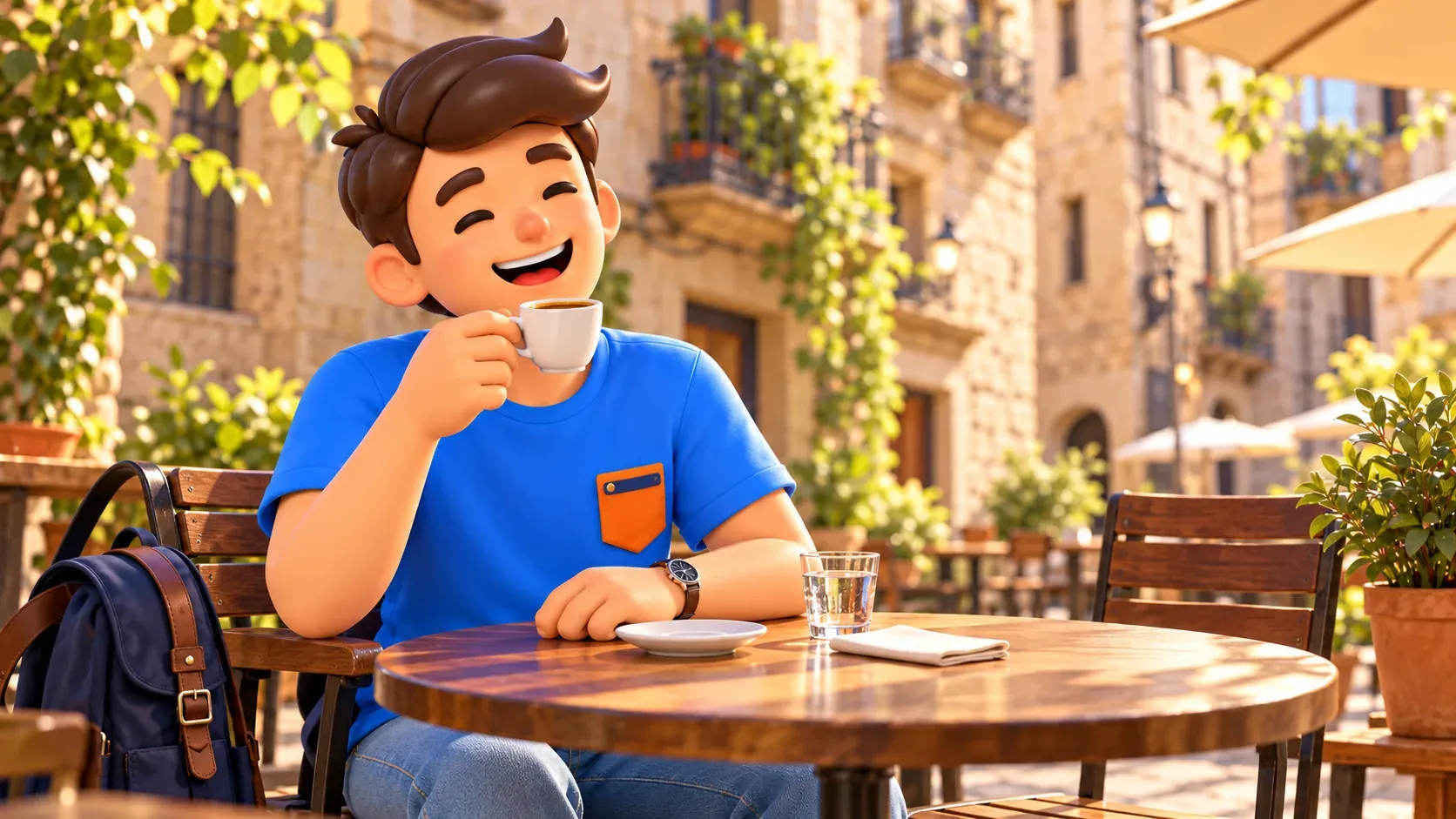 Illustration eines Reisenden bei einer kurzen Kaffeepause auf einer Altstadtterrasse.