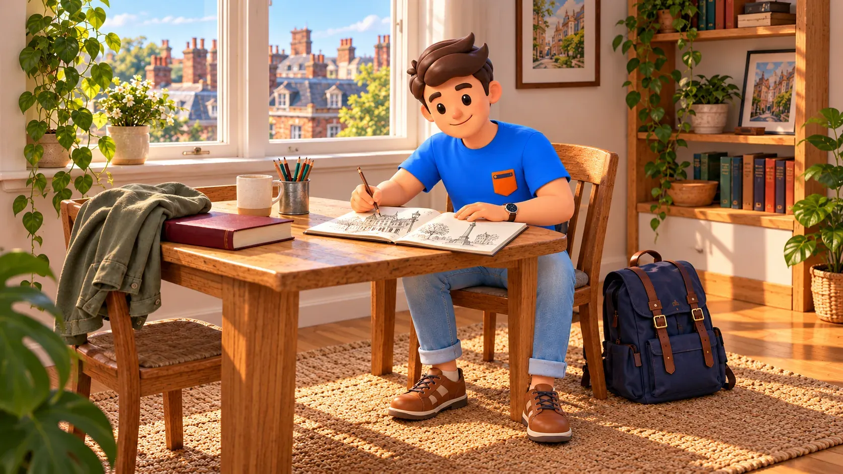 Illustration of a traveller making personal sketches after the walk in a private room