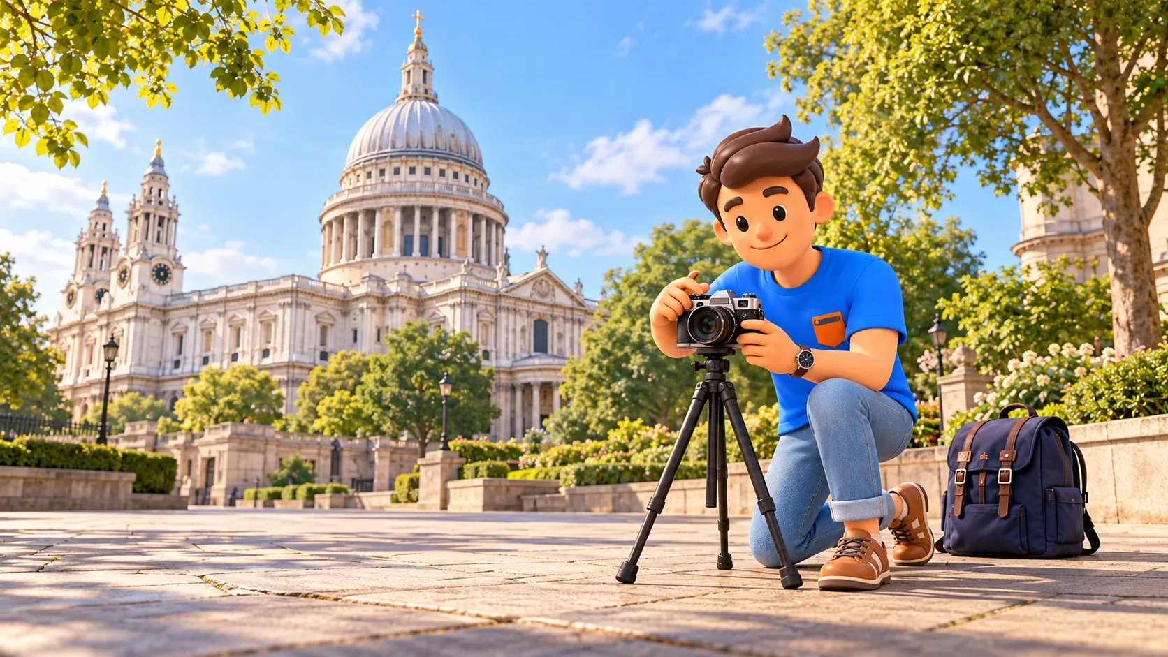 Illustration of a traveller with a camera on a tripod near St Paul’s Cathedral