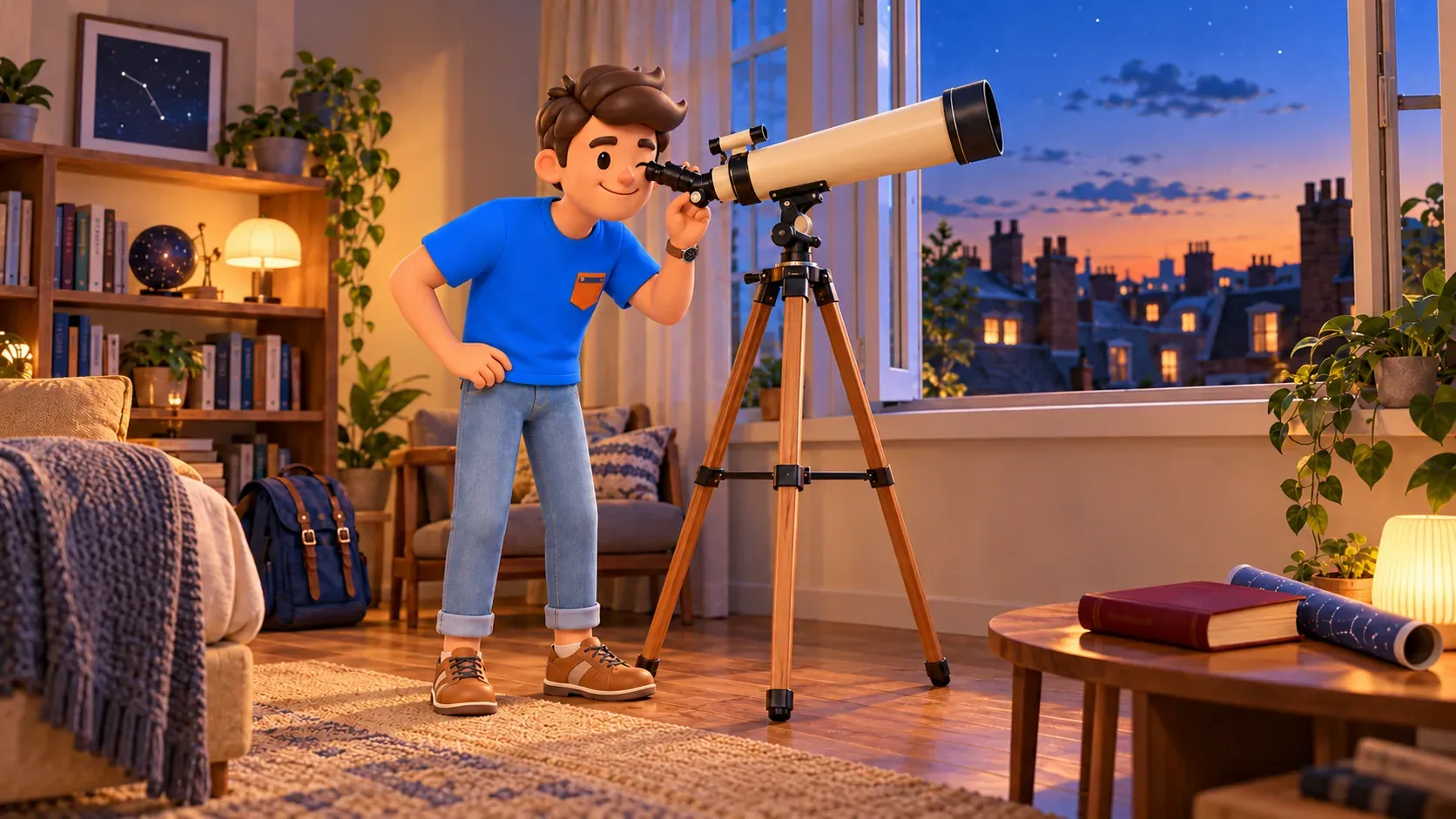 Conceptual private-room scene with a personal telescope, recalling the Monument’s scientific ambition