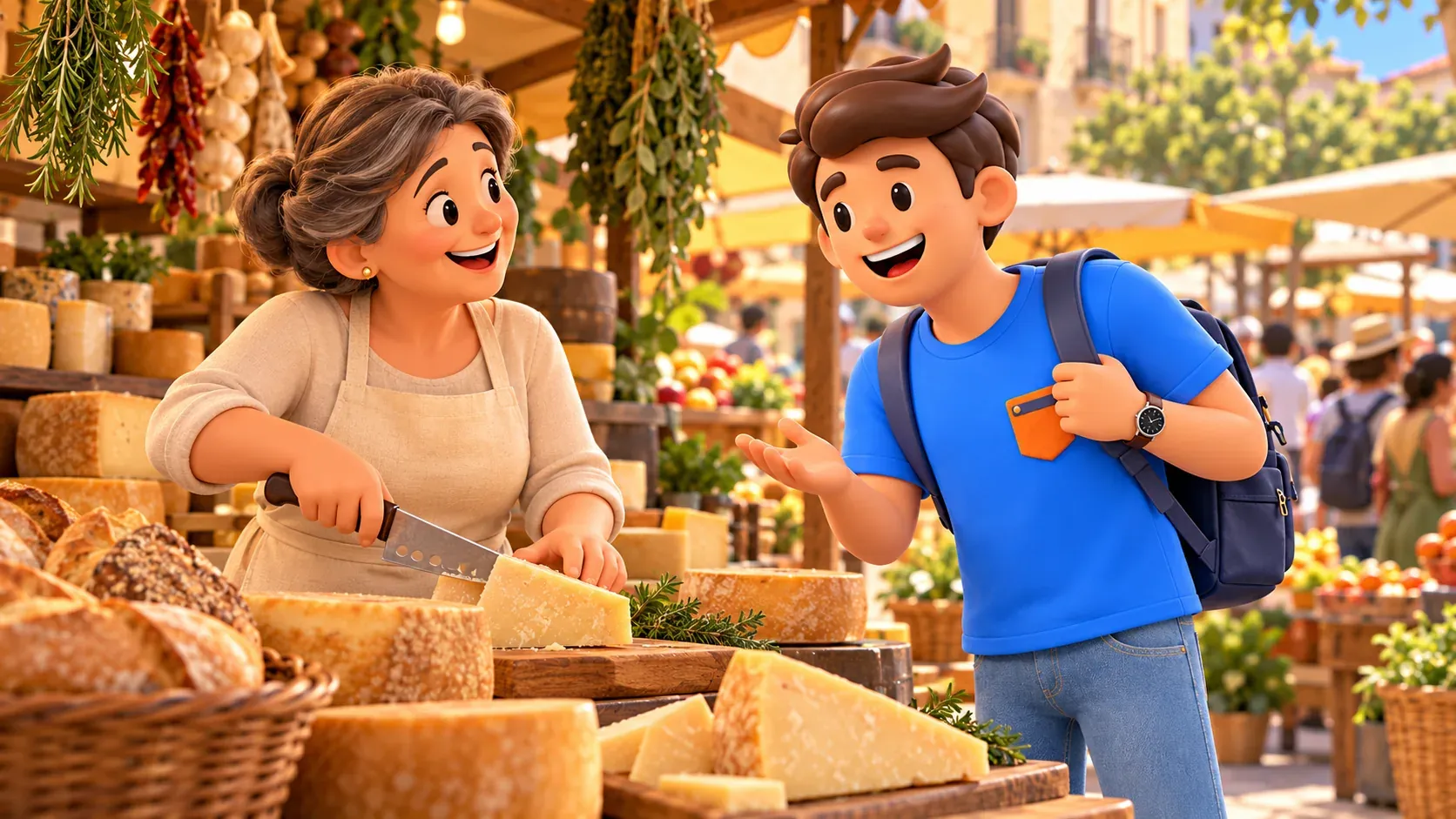 Illustration of a traveller talking to a cheese seller; an imagined market scene.
