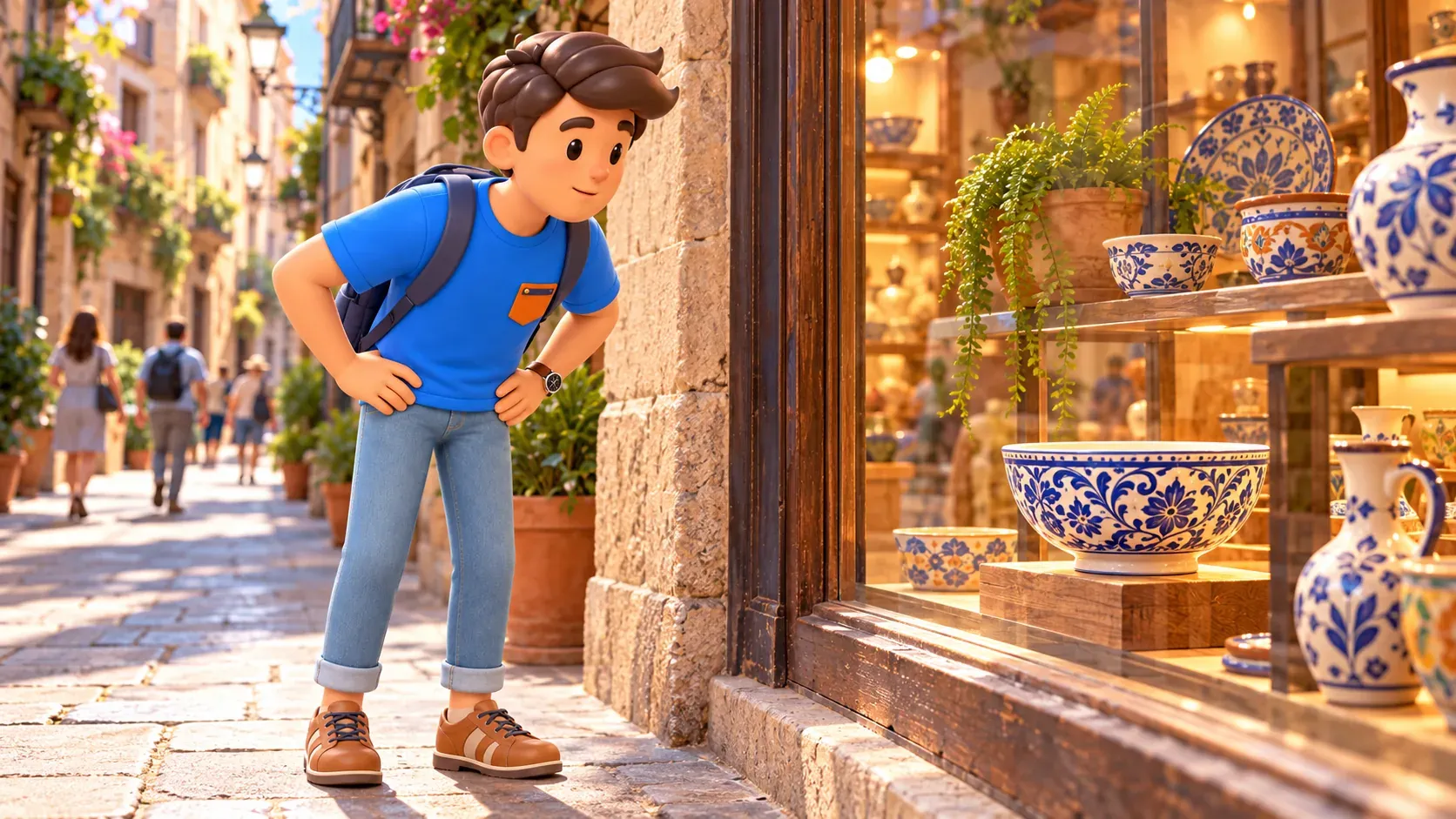 Illustrative scene of a traveller looking at ceramics in an old-town shop window.
