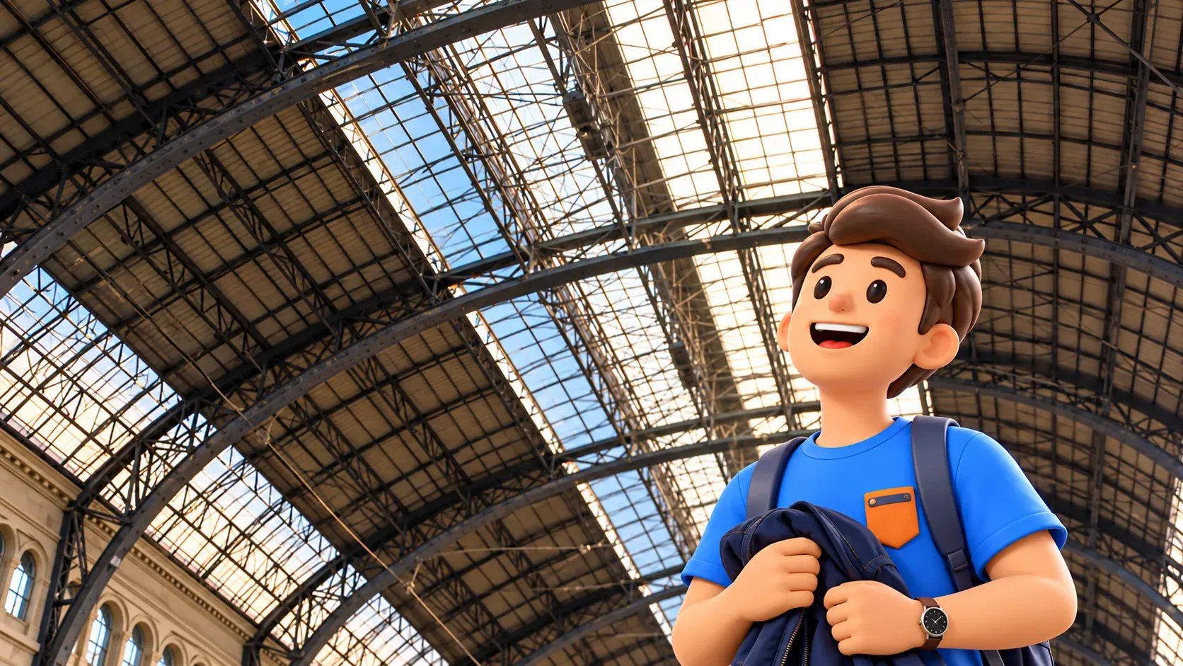Illustrative scene of a traveller beneath a metal canopy based on an Estació de França reference.