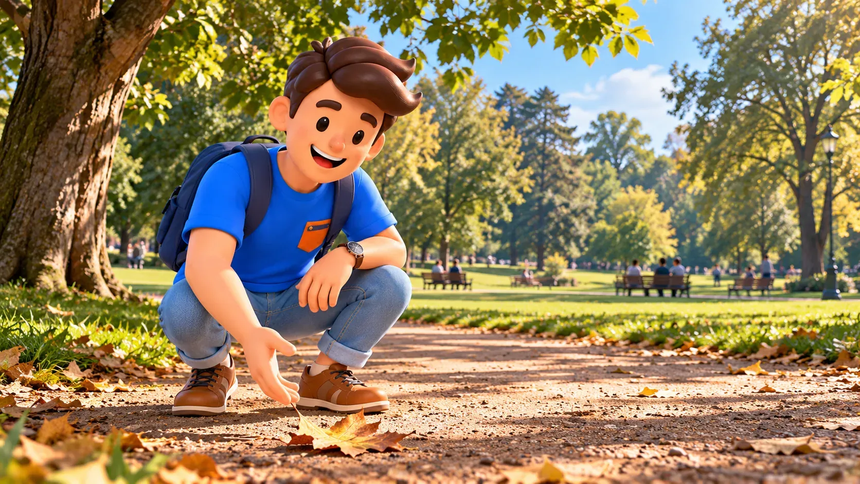 Illustration of a traveller observing a fallen leaf on a path in the Montanelli public gardens.