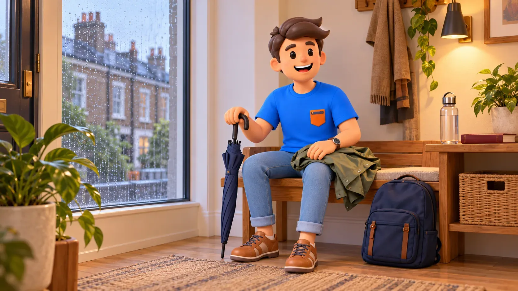 Illustration of a traveller preparing for a walk with a closed umbrella and jacket by a rainy window