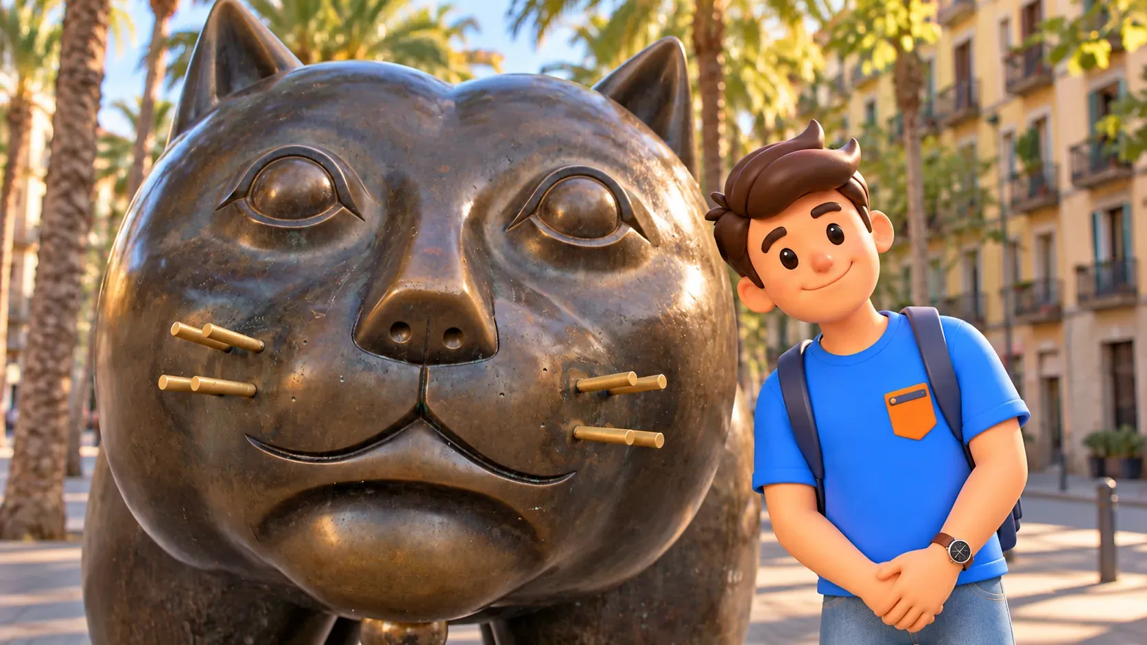 Escena ilustrada de un viajero junto a la cabeza del Gato de bronce de Botero.