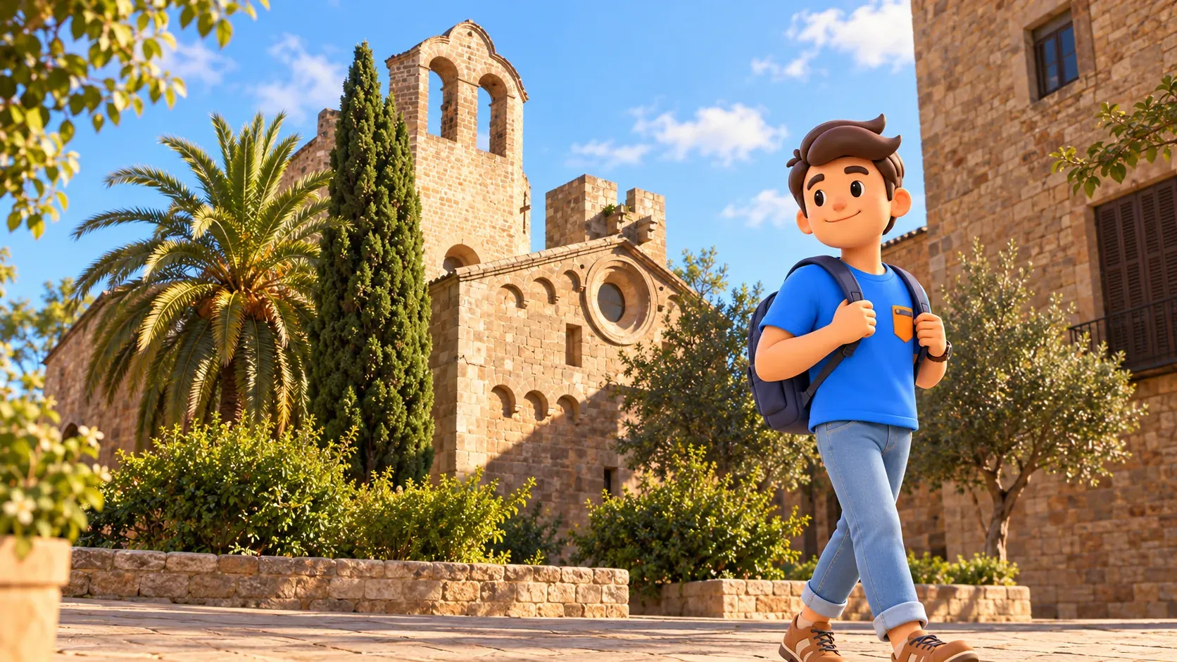 Escena ilustrada de un viajero ante la iglesia de piedra de Sant Pau del Camp.