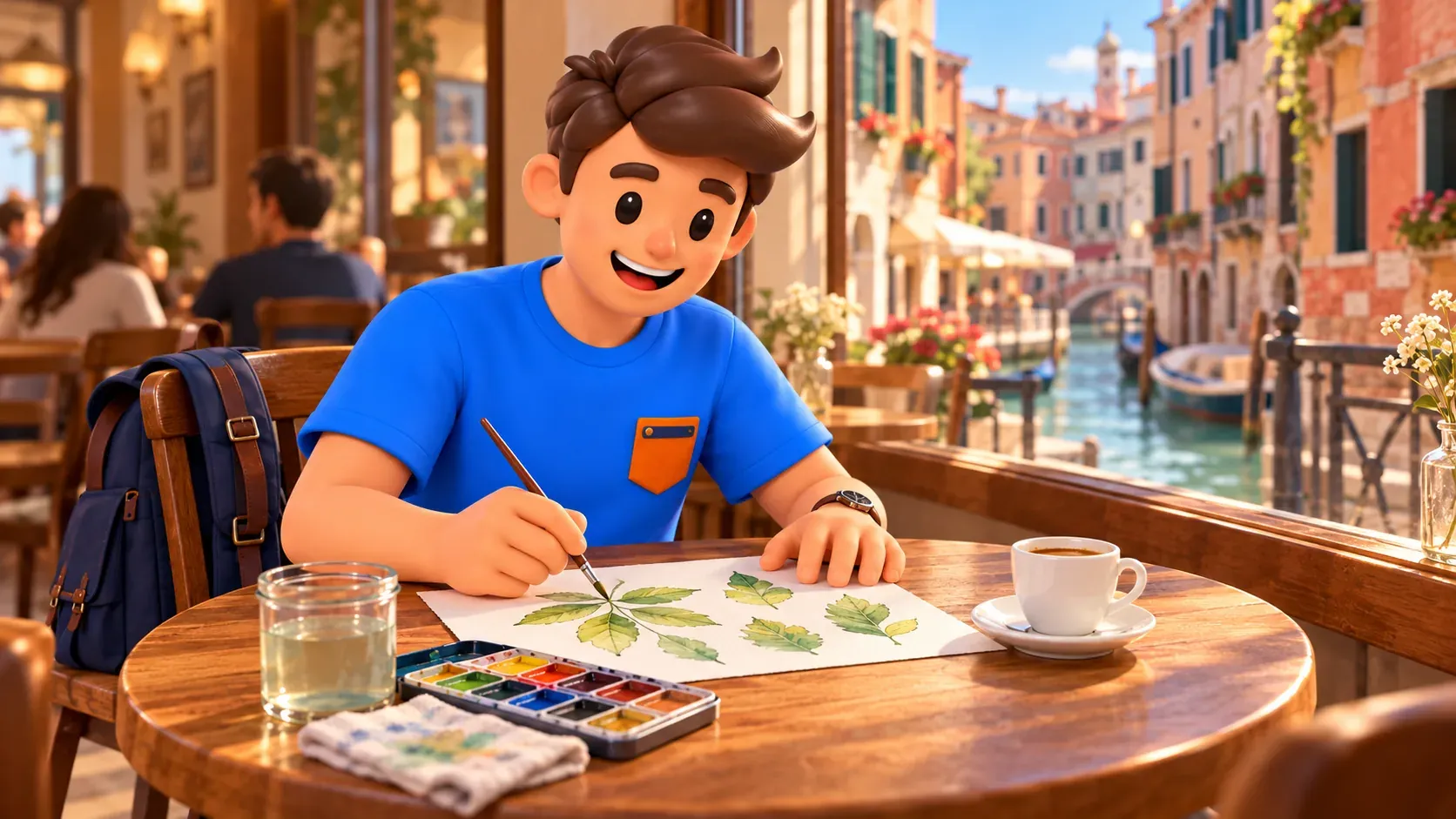 Ilustración conceptual de estudios propios de hojas en acuarela de memoria en un café fuera de los jardines