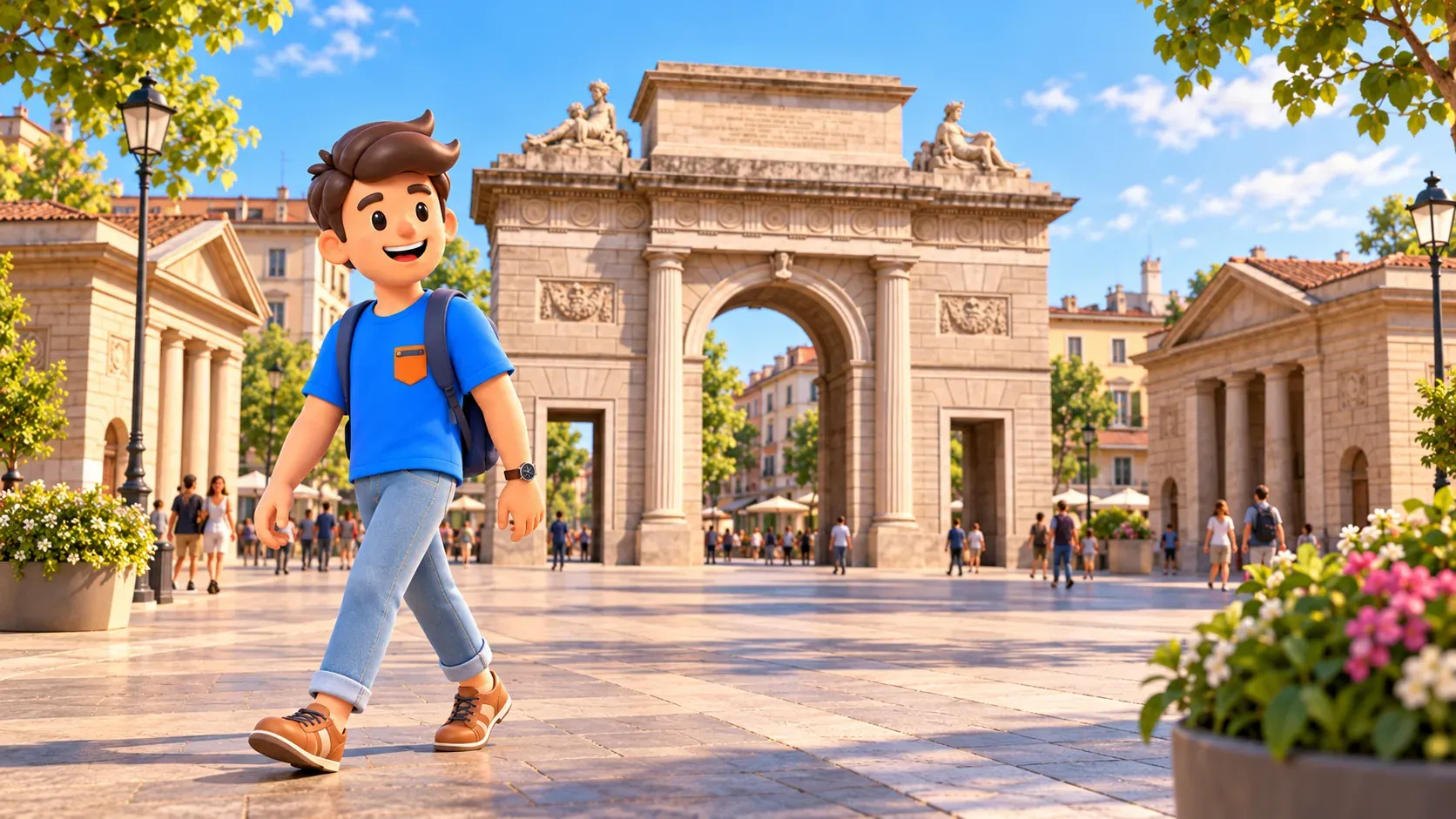 Ilustración de un paseo junto al arco de Porta Garibaldi y sus pabellones en Piazza XXV Aprile.