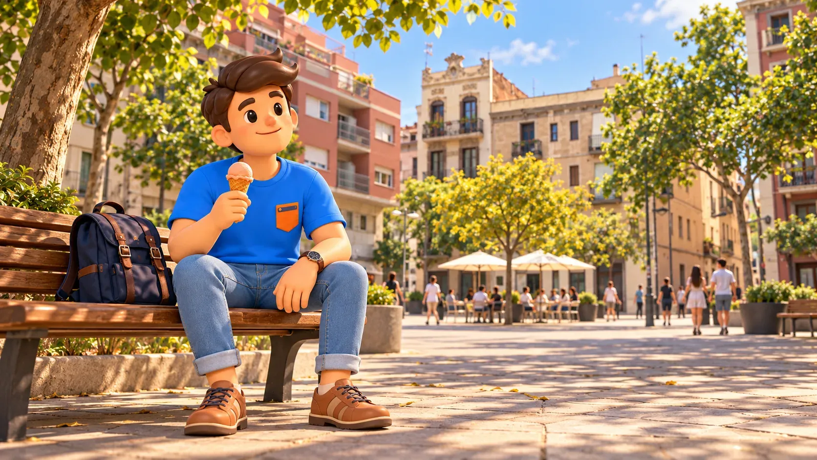 Scène illustrée d’un voyageur faisant une pause avec une glace sur Plaça del Diamant.