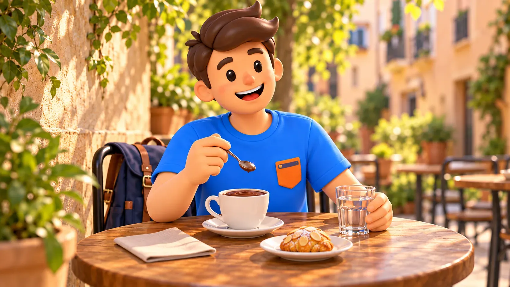 Scène illustrée d’un voyageur avec chocolat chaud et petite viennoiserie dans un café de quartier.