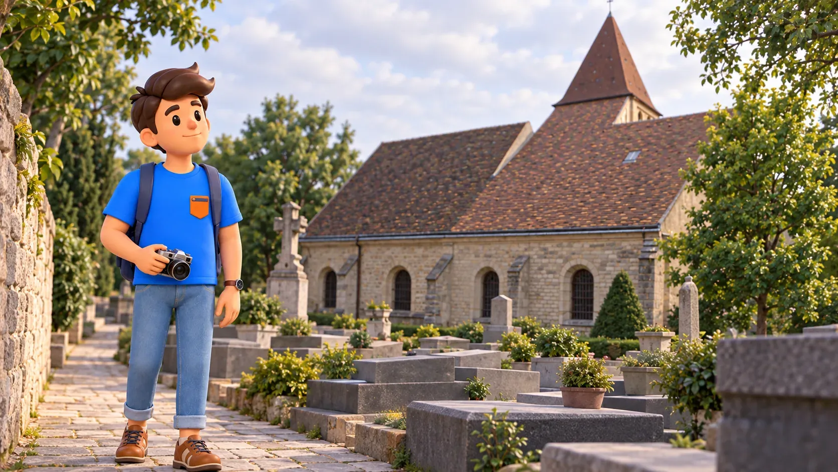 Ein Reisender mit Kamera betrachtet die Kirche vom Friedhof Charonne aus