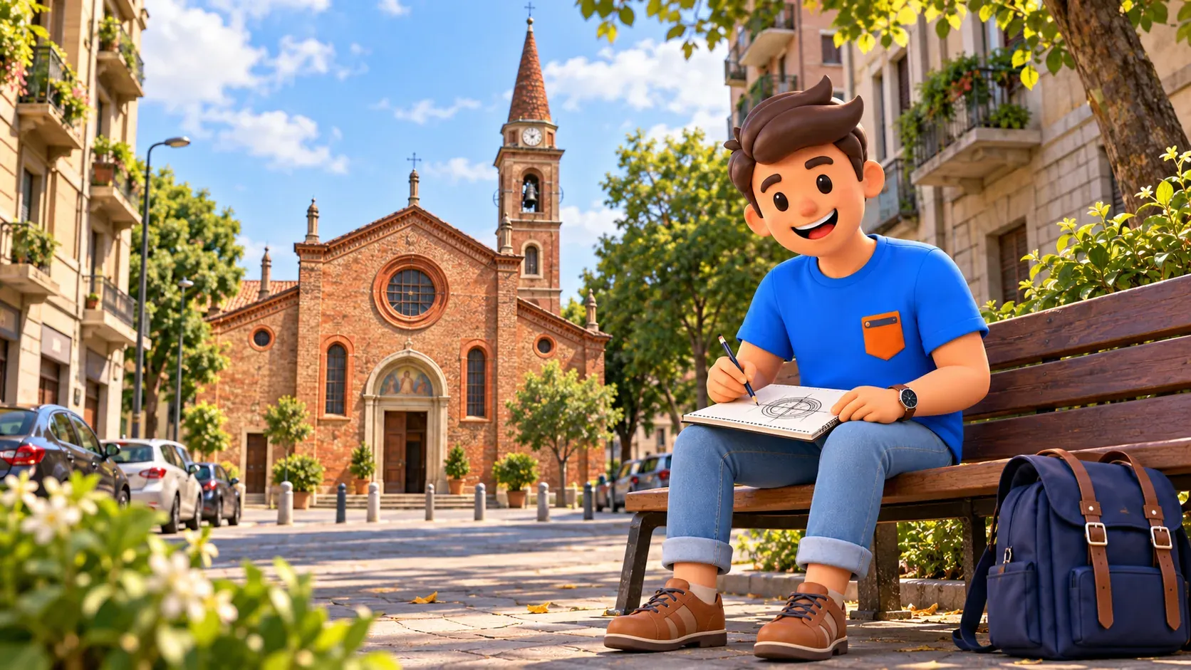Ilustración de un viajero sentado en un banco dibujando la ventana circular de la iglesia de Casoretto.