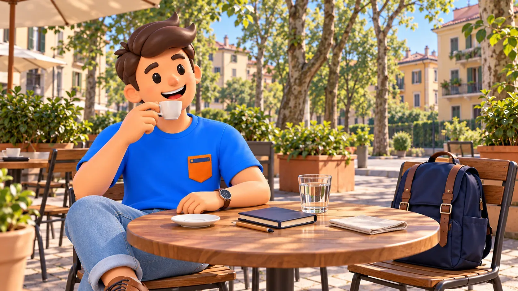 Ilustración de una breve pausa para tomar un espresso en una terraza de café de barrio imaginaria en Milán.