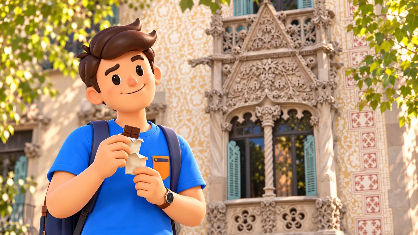 Scène illustrée d’un voyageur avec du chocolat devant une fenêtre décorée de Casa Amatller.