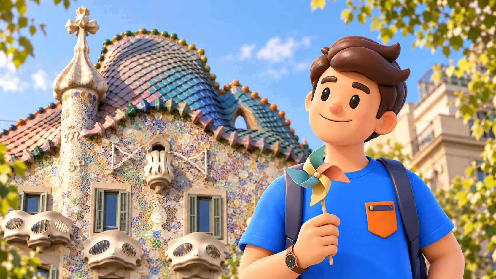 Scène illustrée d’un voyageur avec un moulin à vent en papier coloré devant Casa Batlló.