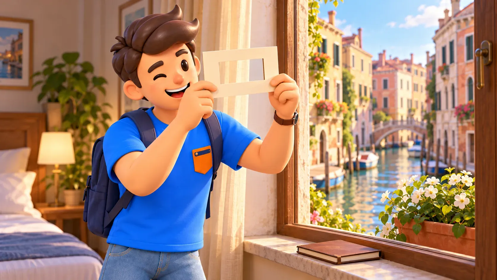 Conceptual illustration of a traveler holding a simple paper frame beside the accommodation window