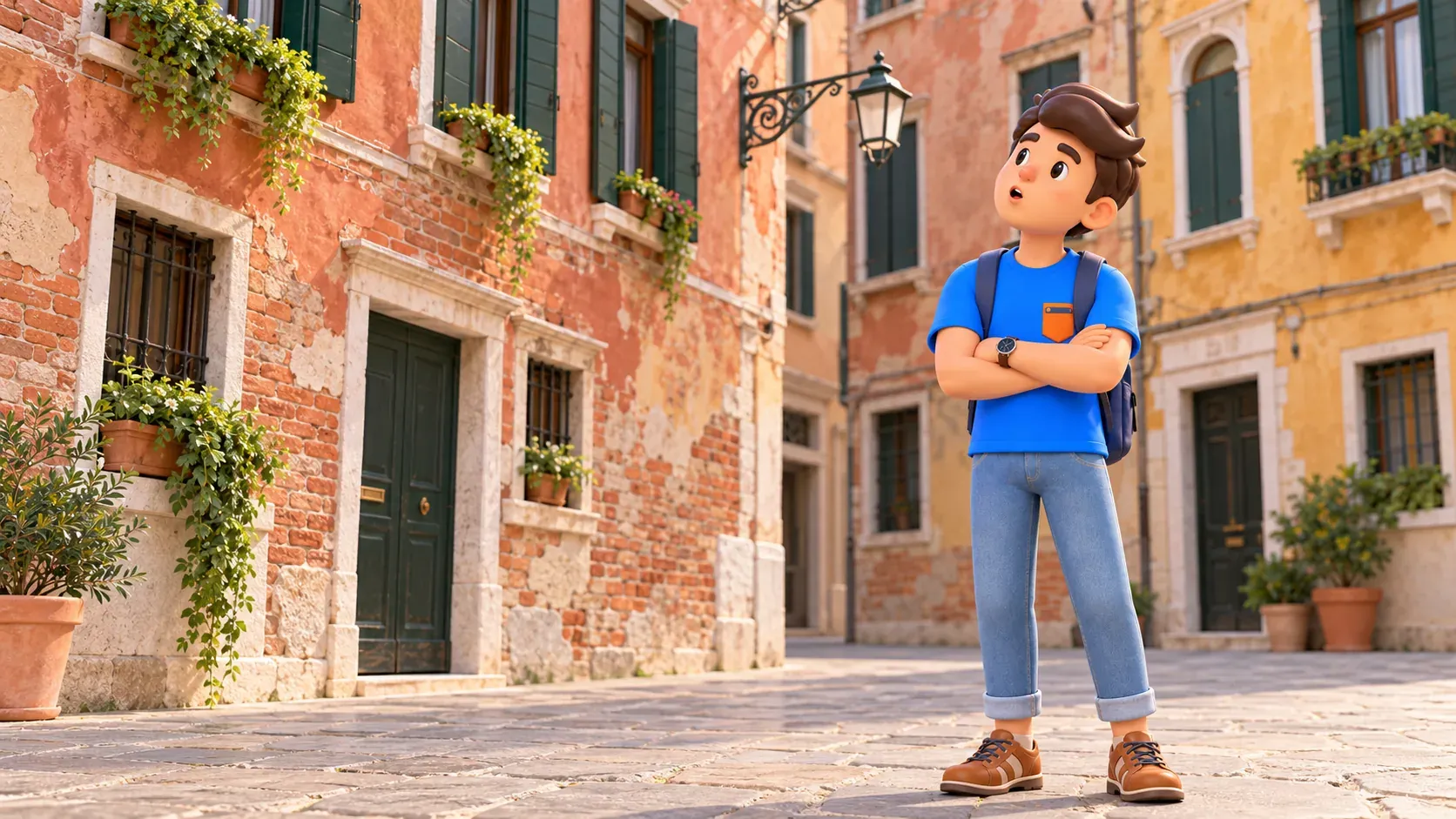 Conceptual illustration of observing windows and facade textures in a Venetian campo