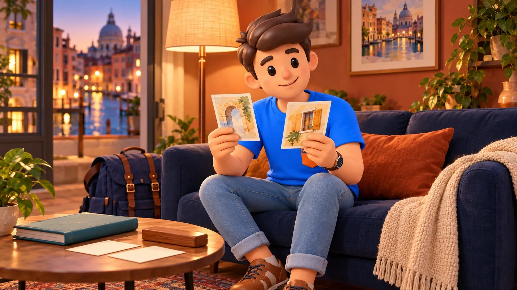 Conceptual illustration of a traveler holding personal postcards with watercolor architectural motifs