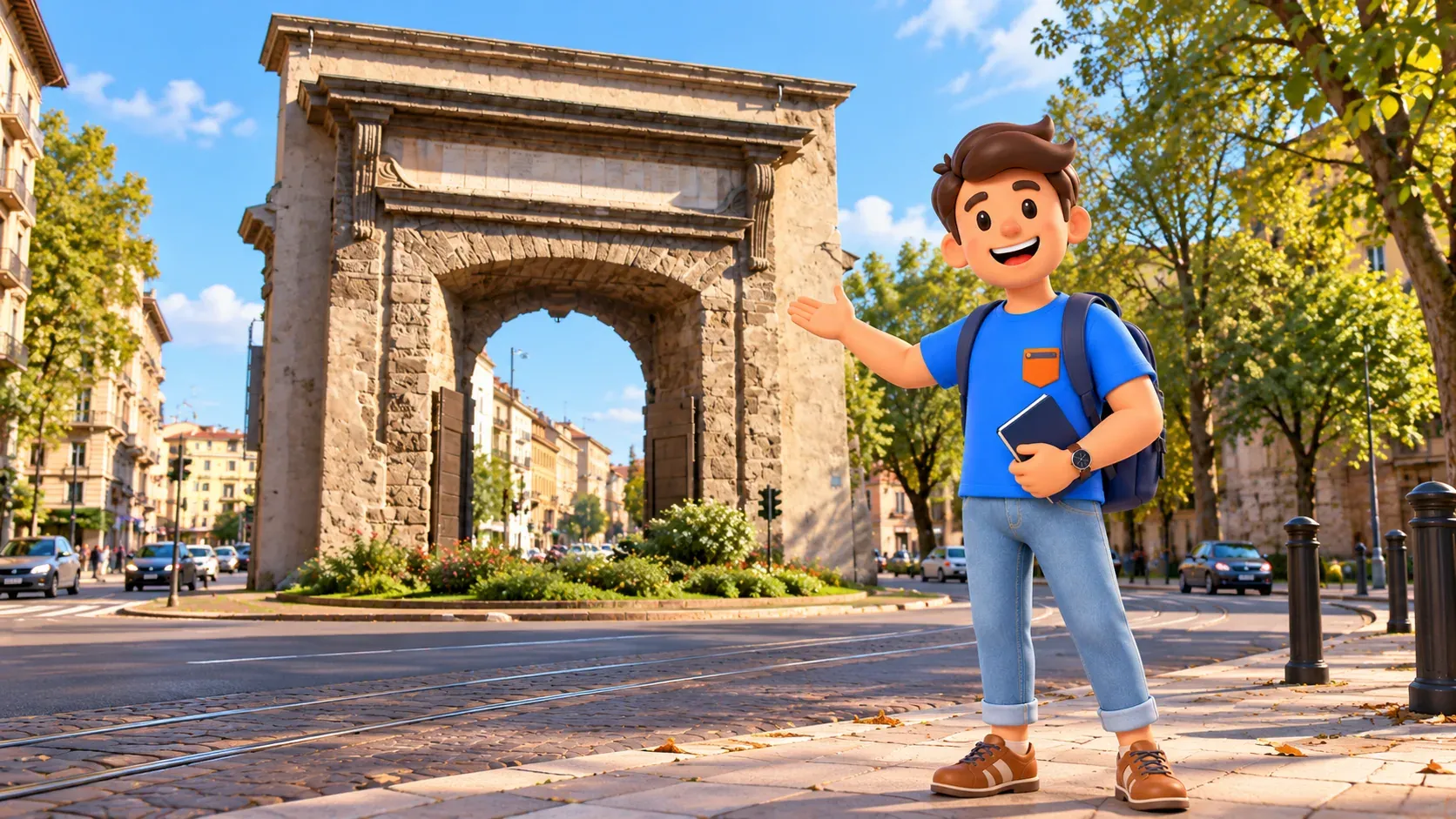 Ilustración de un viajero en la acera ante la cara posterior de la histórica puerta Porta Romana en Milán.