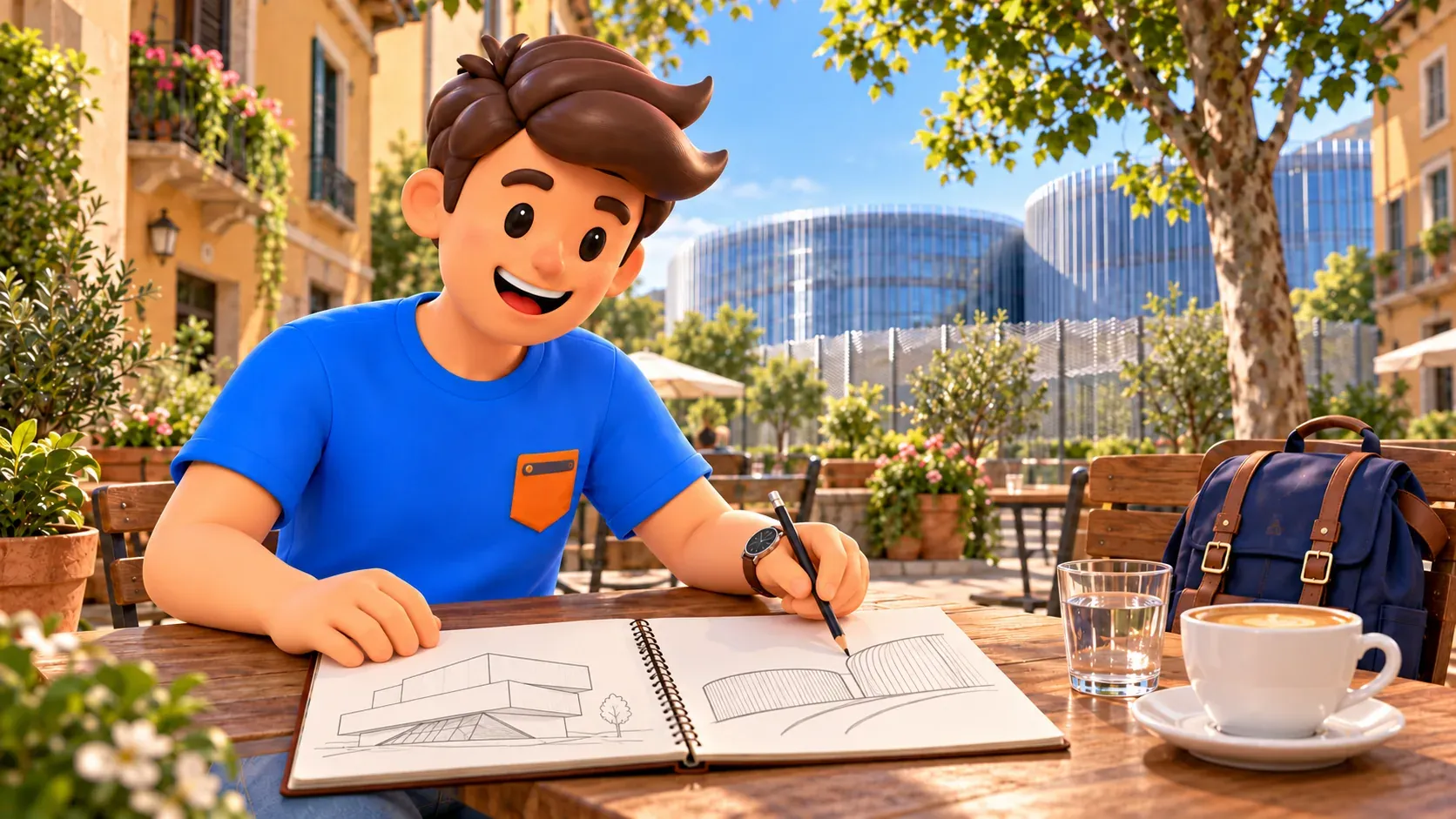 Ilustración de un viajero comparando bocetos de formas arquitectónicas angulosas y curvas en una mesa de café imaginaria.