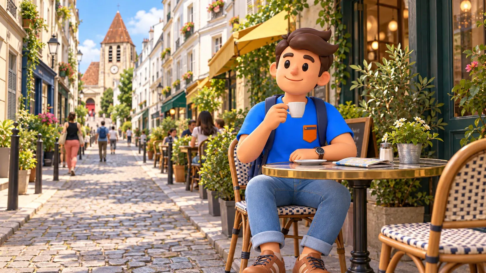 Ein Reisender trinkt Kaffee in der Rue Saint-Blaise mit Blick auf die Kirche