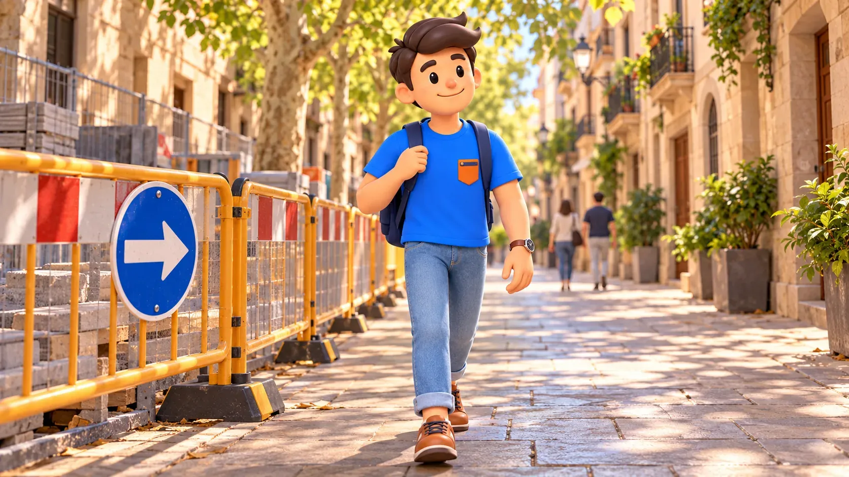 Illustrative scene of a traveller following an open path beside works barriers, not a current map of La Rambla.