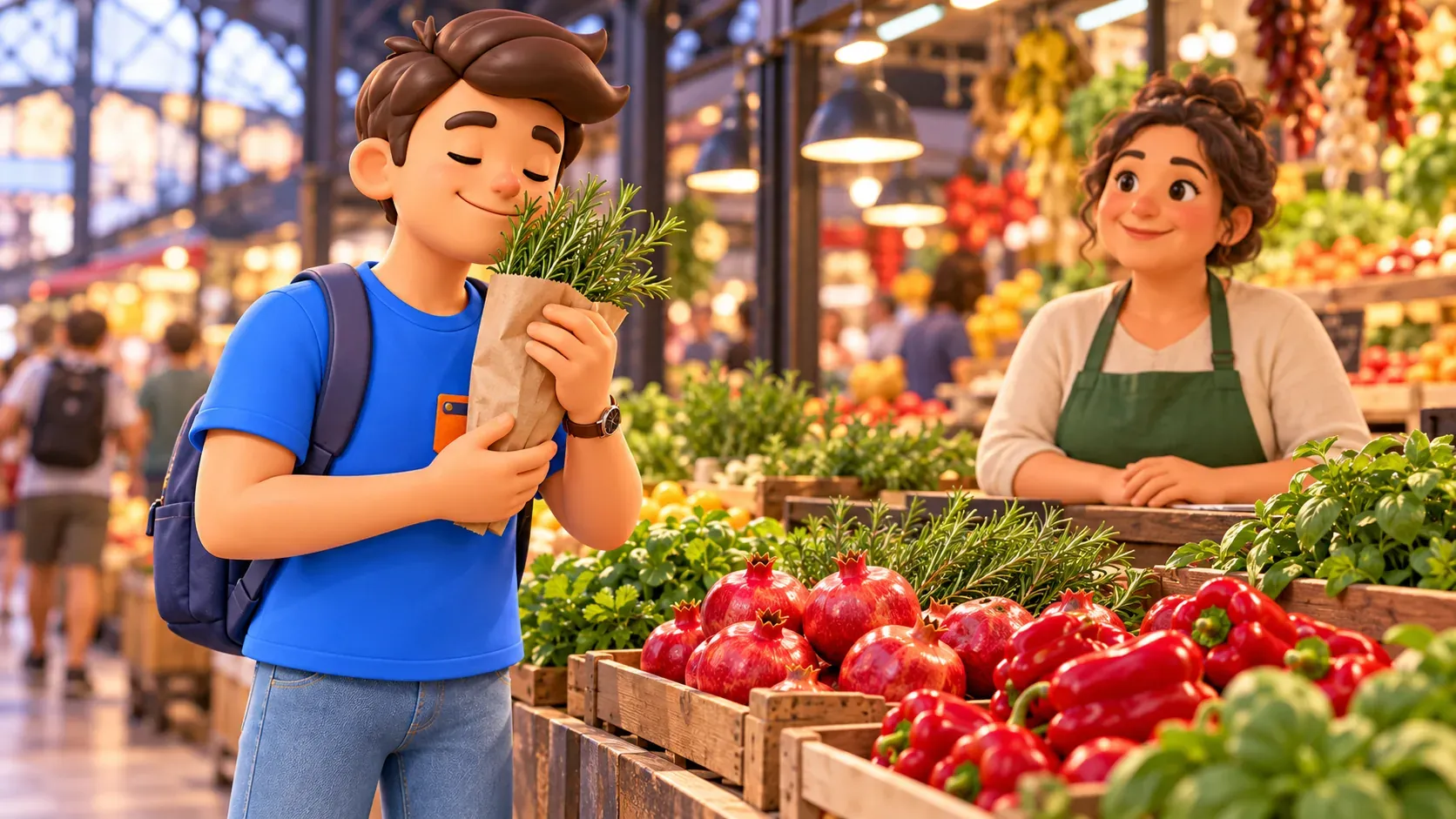 Illustrative scene of a traveller smelling herbs beside a market produce stall.